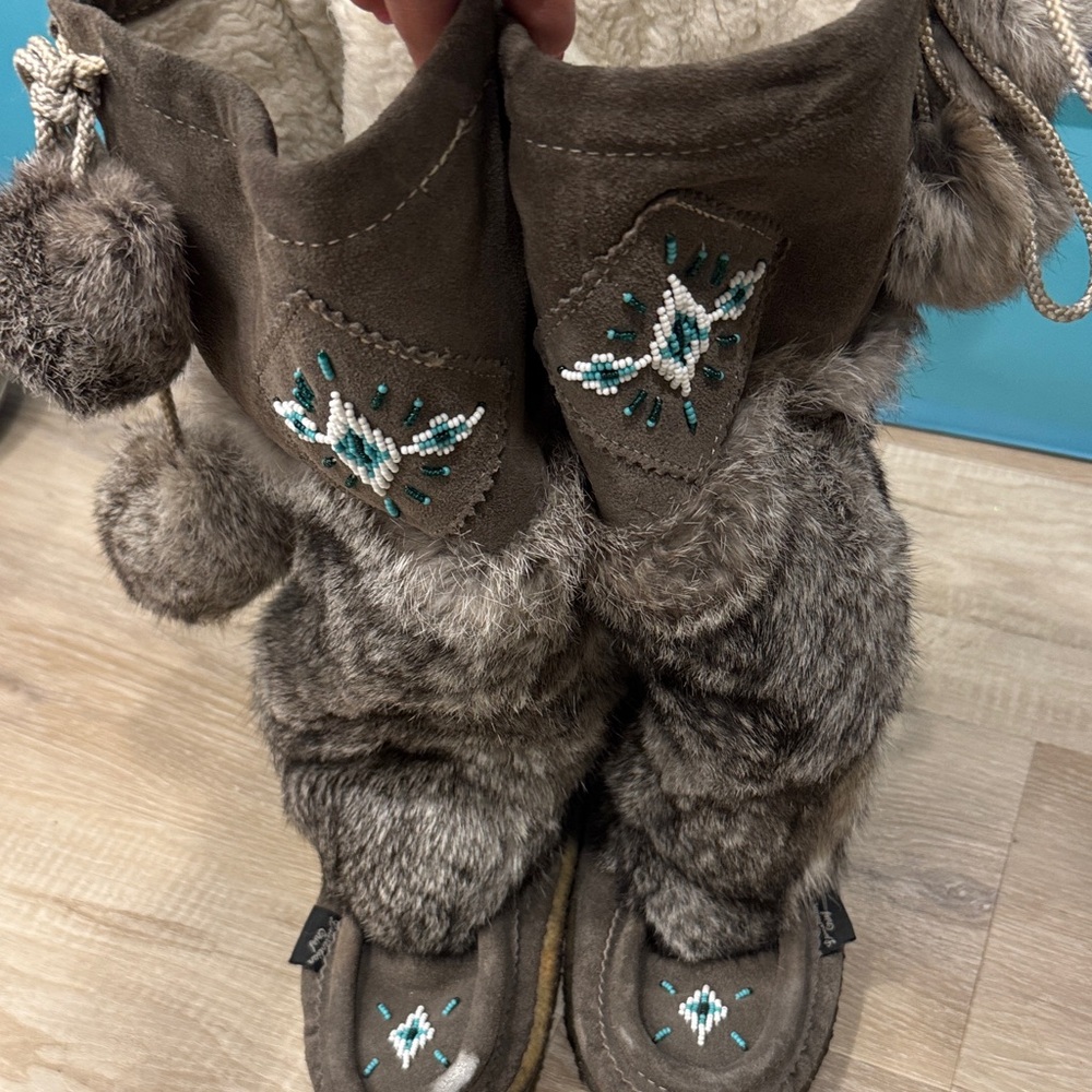 Grey Fur Boots with Beaded Design